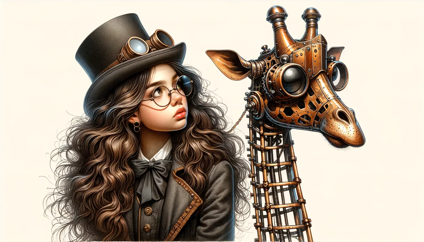 Steampunk Giraffe & Elys - Elysia, a medium brown-skin ebony long bouncy dark brown hair teenage girl wearing a black top hat with steampunk big, goggled glasses over her brow as she stood next to a very tall mechanical giraffe made of brass, as she bent back her head to look at his face. - AI image generated with Art - aquarelle, sketching, surrealismus
