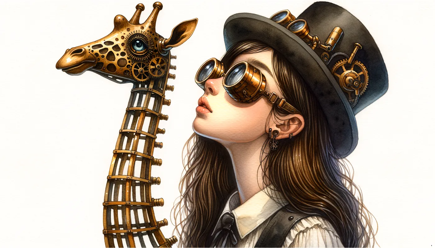 Steampunk Giraffe & Elys - Elysia, a medium brown-skin ebony long bouncy dark brown hair teenage girl wearing a black top hat with steampunk big, goggled glasses over her brow as she stood next to a very tall mechanical giraffe made of brass, as she bent back her head to look at his face. - AI image generated with Art - aquarelle, sketching, surrealismus