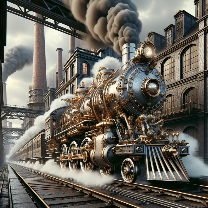 Steampunk Iron Horse - A highly realistic depiction of a steampunk train with bold metallic features and steam engines, racing down the tracks surrounded by an old-world industrial cityscape. - AI image generated with DALL-E 3