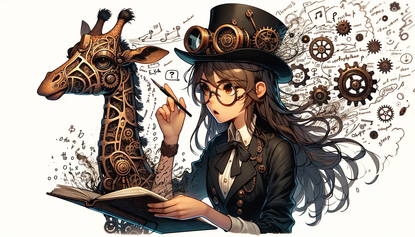 Steampunk Sketching Elysia - Elysia, a brown-skin long shoulder-length hair teenage girl wearing a black top hat with steampunk big goggled glasses over her brow pulled out a notebook and began to sketch the machine, the mechanical giraffe, her thoughts flowing onto the page in a whirlwind of scribbled lines and symbols. - AI image generated with Art