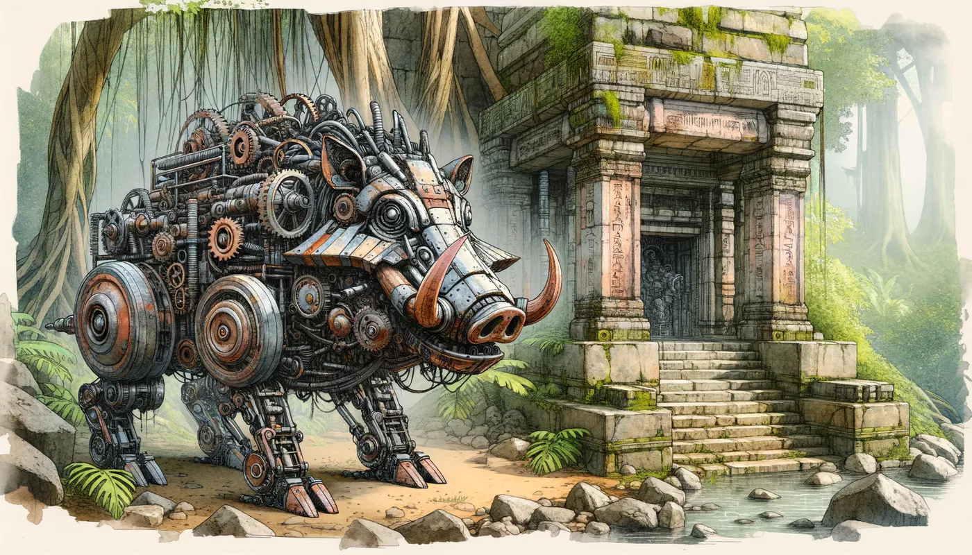 Steampunk Temple Warthog - Show a mechanical all metal Steampunk warthog as it stands closeby in the jungle made with rusted metals gear wheels as they stand inside a stone temple lost to time in the midst of the jungle. Within, she found a chamber, its walls adorned with the writing of the ancients, old artifacts from a civilization from long ago. - AI image generated with Art - aquarelle, sketching, surrealismus