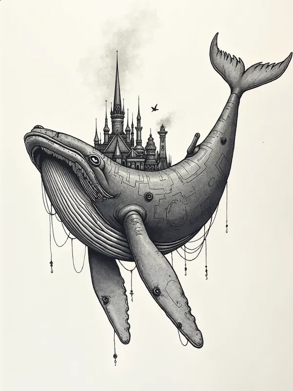 Steampunk Whale Contour Art - steampunk, whale - AI image generated with Photorealistic 2 - contour drawings