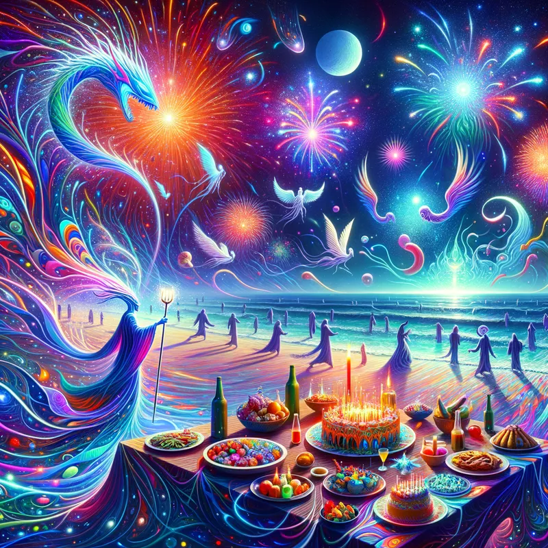 Stellar Beach Bonanza - A fantastical celebration on a luminous beach, with colorful alien fireworks, spirit-like creatures flying above the waves, and a grand feast set out with a variety of interstellar delicacies. - AI image generated with Art - abstract