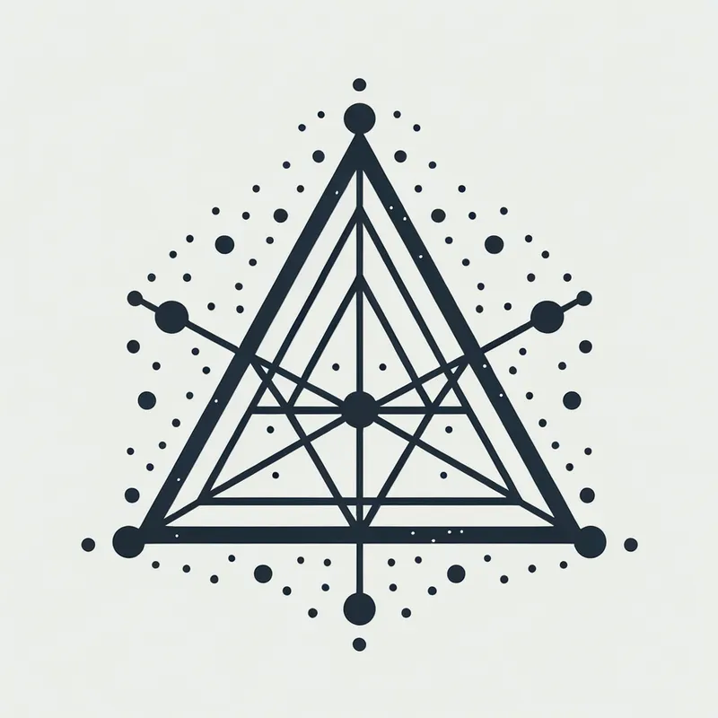 Stellar Triangular Mandala - A triangular symbol with soft, rounded dots at the intersections of its lines, designed to mirror a constellation of stars. Placed around the triangle are 9 smaller stars, with three stars along each side. These stars are connected in an irregular, asymmetrical manner like a constellation in the night sky. - AI image generated with Art