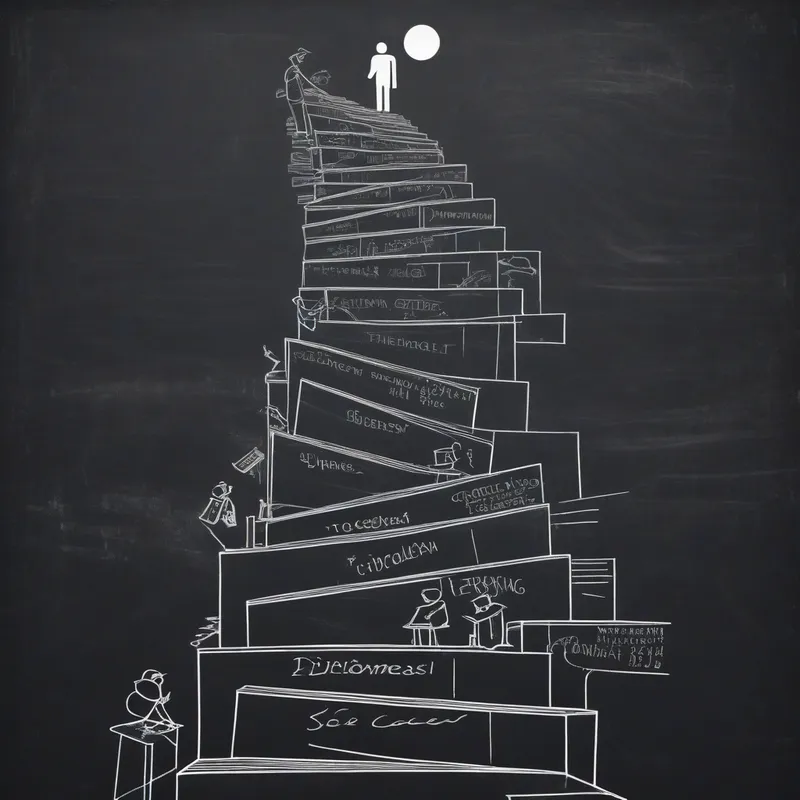 Steps Toward Knowledge - A monochrome, landscape-oriented image of a staircase made of diplomas and chalkboards ascending toward a bright horizon, with an adult silhouette climbing steadily, representing progress in academia and teaching careers. - AI image generated with Photorealistic - minimalist line art