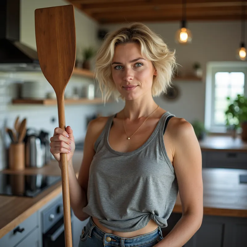 Stern Woman in Casual Kitchen - A 30 year old woman with short wavy blonde hair and a stern look on her face, standing in a modern kitchen. She is holding a wooden paddle and dressed in casual clothes, with a wide-angle view capturing the entire scene. - AI image generated with Photorealistic 2