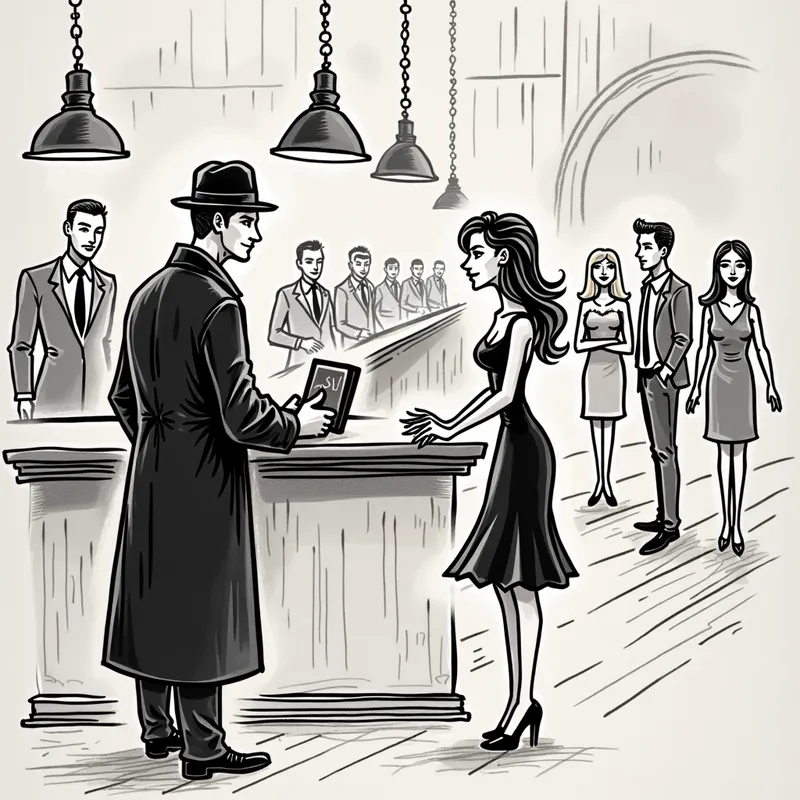 Stick Figure Bar Scene - This hand-drawn sketch shows a bustling bar scene with stick figure characters. The focus is on a character in a black trench coat and fedora working at the register, while a beautiful stick figure woman in a dress enters the bar. The sketch is on textured paper, with subtle shading employing cross-hatching techniques. - AI image generated with Photorealistic 2