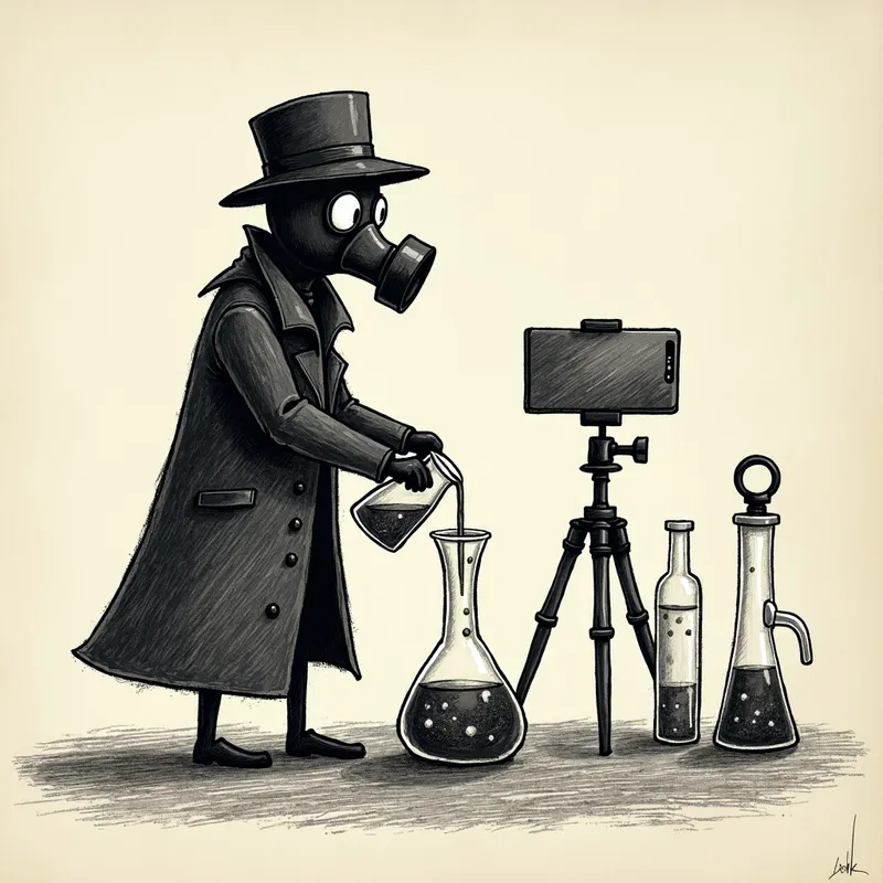 Stick Figure Chemist - A stick figure character hand-drawn with rough pencil strokes stands in a lab environment. Wearing a long black trench coat, fedora hat, and gas mask, the character carefully pours chemicals into scientific glassware. A tripod holding a phone and ring camera is visible in the background. The scene is illustrated with cross-hatching shading on a textured paper backdrop. - AI image generated with Photorealistic 2