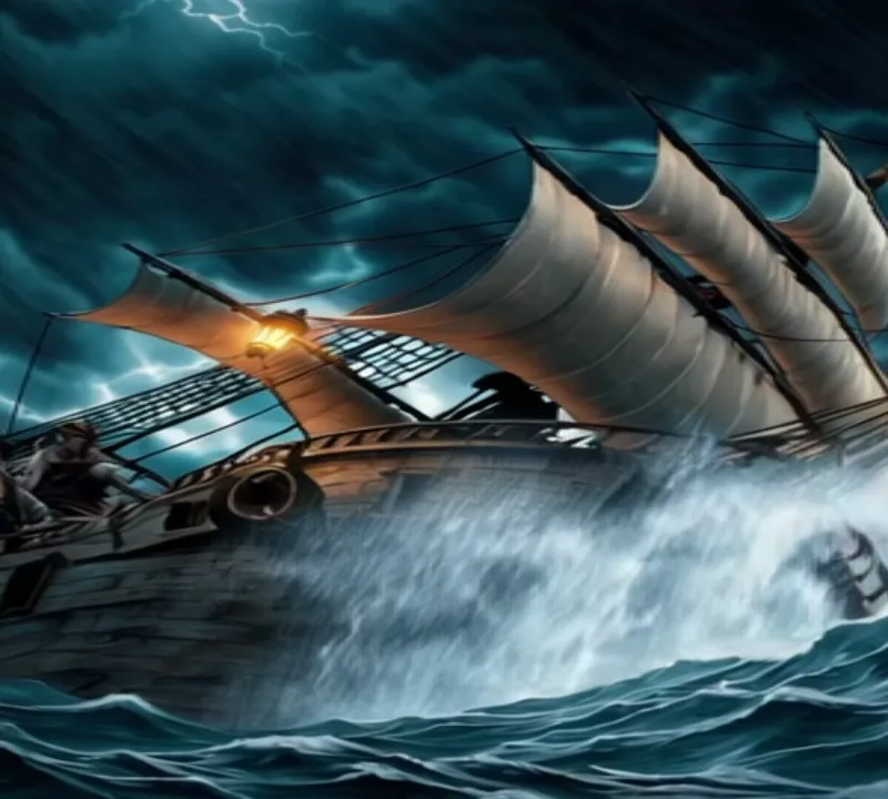 Storm-Bound Pirate Vessel - A mighty pirate ship braves the fury of a raging storm at sea. Towering waves crash against the wooden hull, lightning streaks across the dark, stormy sky, and the wind howls through the torn sails. The ship’s lanterns flicker, illuminating the determined crew struggling to keep control amidst the chaos. The ocean churns violently, creating a dramatic and cinematic scene of resilience and adventure.