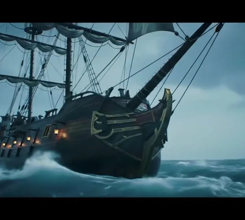 Storm-Bound Pirate Vessel - A mighty pirate ship braves the fury of a raging storm at sea. Towering waves crash against the wooden hull, lightning streaks across the dark, stormy sky, and the wind howls through the torn sails. The ship’s lanterns flicker, illuminating the determined crew struggling to keep control amidst the chaos. The ocean churns violently, creating a dramatic and cinematic scene of resilience and adventure.