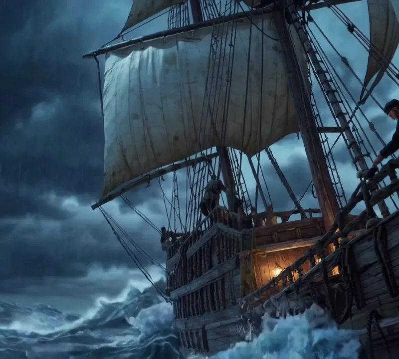 Storm-Bound Pirate Vessel - A mighty pirate ship braves the fury of a raging storm at sea. Towering waves crash against the wooden hull, lightning streaks across the dark, stormy sky, and the wind howls through the torn sails. The ship’s lanterns flicker, illuminating the determined crew struggling to keep control amidst the chaos. The ocean churns violently, creating a dramatic and cinematic scene of resilience and adventure.