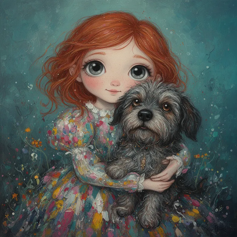 Storm-Eyed Embrace - A dreamy folk surrealist portrait of a red-haired girl with large expressive storm-grey eyes gently embracing her beloved dog. Her dress blooms with abstract joyful color in painterly splashes, while the dog’s fur is rendered with dense layered brushwork and tactile paint texture. Imperfect linework, soft nostalgic lighting, moody teal and blue-green textured background, whimsical fantasy realism, emotional warmth, handcrafted fine art children’s illustration charm, rich hand-painted acrylic look. - AI image generated with Flux 2