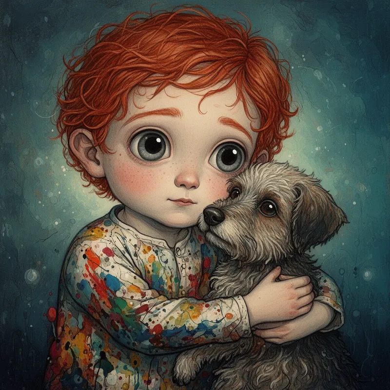 Storm-Eyed Embrace - A surreal yet tender portrait of a red-haired child with large storm-grey eyes hugging a beloved dog in a loving embrace, rendered in whimsical fantasy realism with folk art sensibility. The child wears a shirt bursting with abstract colorful paint splashes, while the dog features tactile, layered fur texture. Moody blue-green and teal background textures, soft glowing nostalgic light, imperfect hand-drawn lines, handcrafted emotional richness, acrylic fine art illustration style. - AI image generated with Flux 2