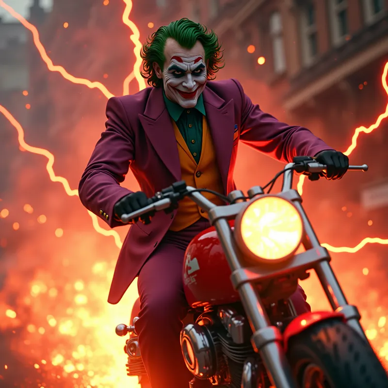Storm Rider Joker - Joker, with a muscular physique, powers forward on a flame-engulfed bike as red lightning bolts crash down behind him - AI image generated with Photorealistic 2 - lens flare