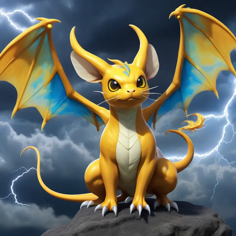 Stormborne Thunder Raichu - A powerful dragon-inspired electric-type evolution of Raichu, sleek and majestic, combining cute rodent features with legendary dragon anatomy, glowing yellow-orange fur with crackling blue lightning patterns, long serpentine tail tipped with a thunderstorm cloud, sharp luminous eyes, large dragon wings made of electric energy, pointed ears, fierce but heroic expression, standing in a stormy sky with lightning striking around it, fantasy creature design, dynamic pose, highly detailed, vibrant cinematic lighting, epic Pokémon-inspired monster concept art.  

What style do you want—more cute, fierce, or legendary? - AI image generated with Photorealistic