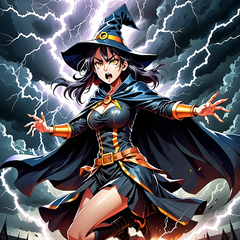 Stormbound Enchantress - Anime-style witch girl summoning a powerful lightning spell, crackling energy bursting from her fingertips, dramatic storm clouds overhead, torn cape, fierce expression, action-packed fantasy scene, vivid anime illustration - AI image generated with Fictional