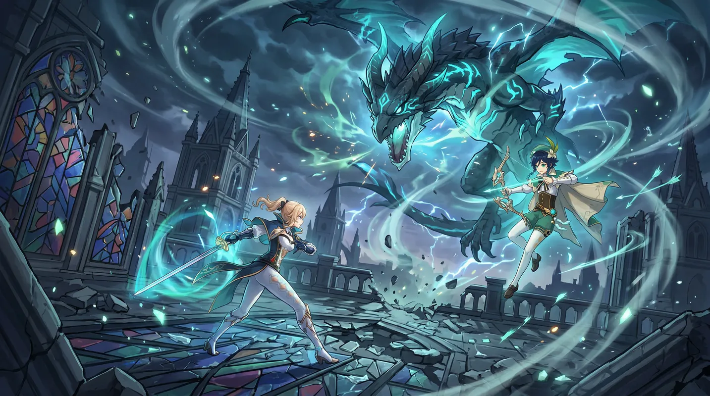 Stormterror's Wrath in Mondstadt - A Genshin Impact-inspired fight with Jean and Venti facing off against the menacing dragon Stormterror, amidst swirling winds and shattered cathedral glass, with ethereal blue and green hues illuminating the chaotic battlefield. - AI image generated with Nano Banana 2
