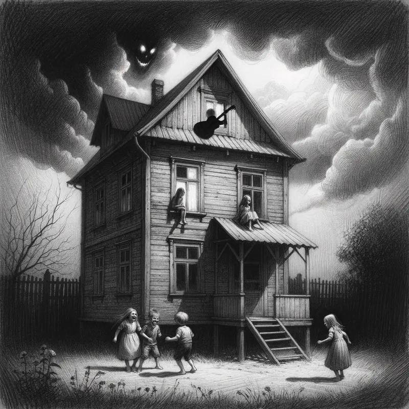 Stormy Evening Playtime - An old two-story house stands under the looming clouds of an approaching storm. Five kids are playing outside on a wooden structure in the yard. The attic window hints at a mysterious creature, which upon closer inspection, is actually a guitar casting eerie shadows on the walls. - AI image generated with Art - sketching, dark tones