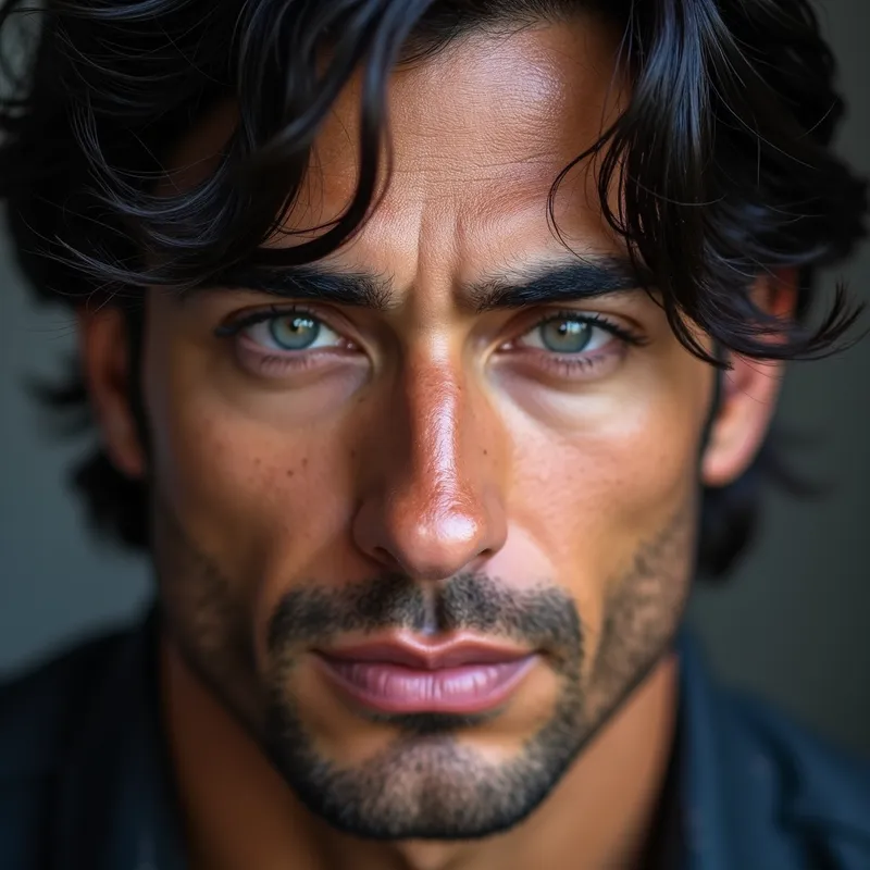 Stormy Gray Eyes - Close-up of a man with stormy gray eyes and ebony hair in messy waves over his forehead. His tan skin, strong cheekbones, sharp jaw, and black long lashes highlight his intense expression. A hint of a smile shows his dimples, along with his confident and brash attitude. - AI image generated with Photorealistic 2