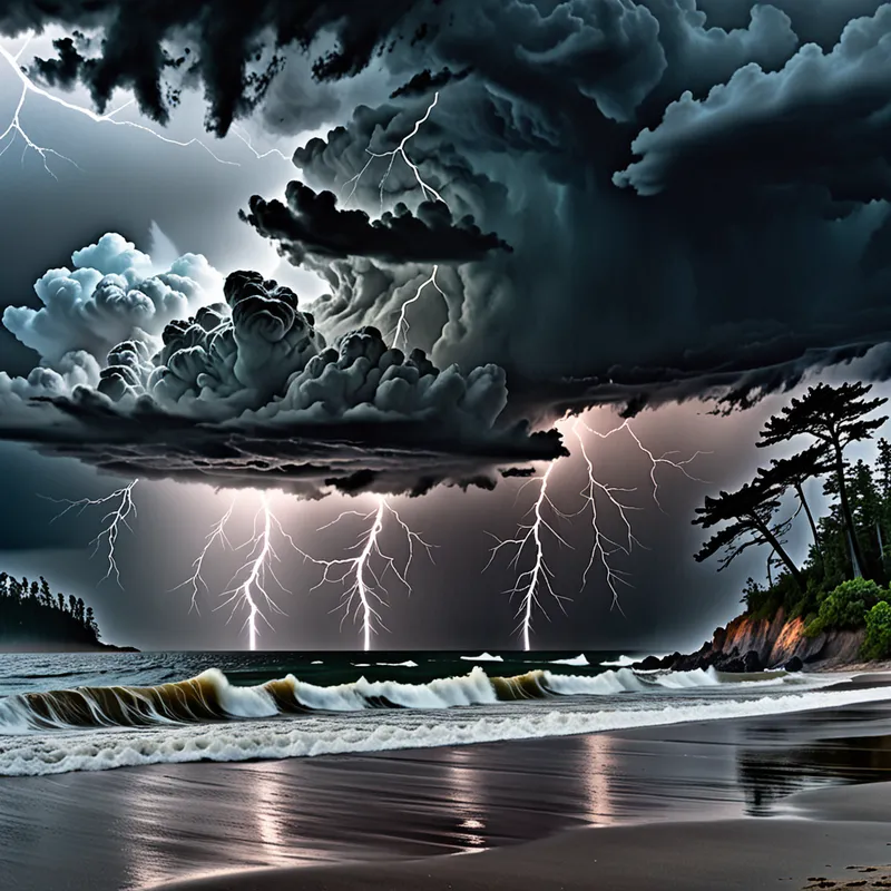 Stormy Island Arrival - A dramatic, stormy sky unleashes heavy rain and brilliant lightning bolts over a turbulent ocean. In the distance, an island looms on the horizon, its shore lined with eerie gray sand and shadowy black trees of a haunted forest. - AI image generated with Fictional