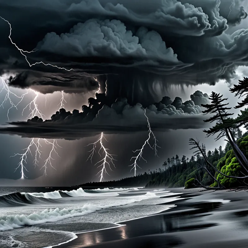 Stormy Island Arrival - A dark stormy sky overhead with sheets of rain pouring down and frequent flashes of lightning. In the distance, a mysterious island rises above tumultuous, churning seas. The island’s shoreline is covered in gray sand, and a dense, haunted forest of twisted black trees looms just beyond the beach. - AI image generated with Fictional