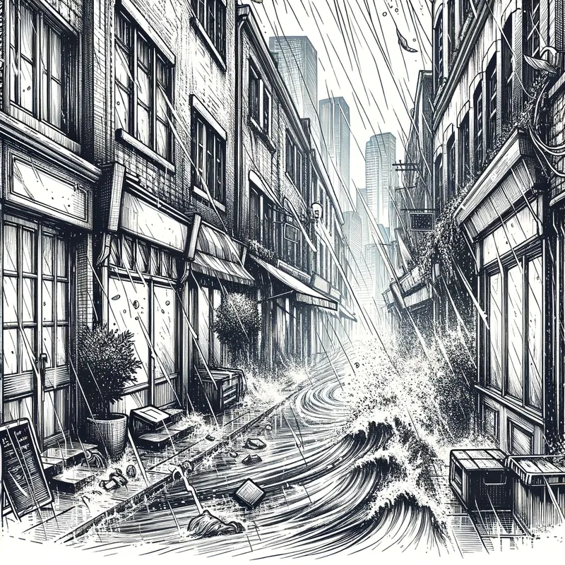 Stormy Urban Alley - A narrow, empty alley in a bustling city, eerily quiet as a powerful storm lashes the surroundings, with trash and debris blowing through the rain-soaked street. - AI image generated with Art - contour drawings