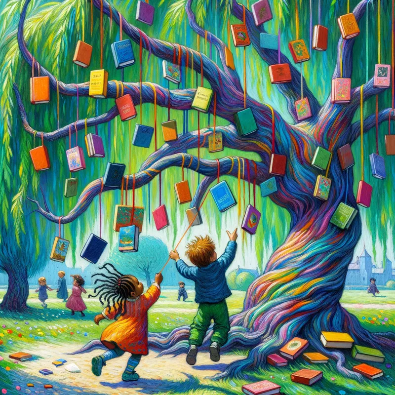 Storybook Sanctuary - david wiesner inspired today's 3 5 year old african american and 2 5 year old latino kids playing outside with a willow tree with books for leaves and staying safe - AI image generated with Art - gouache technique, cartoony, Van Gogh