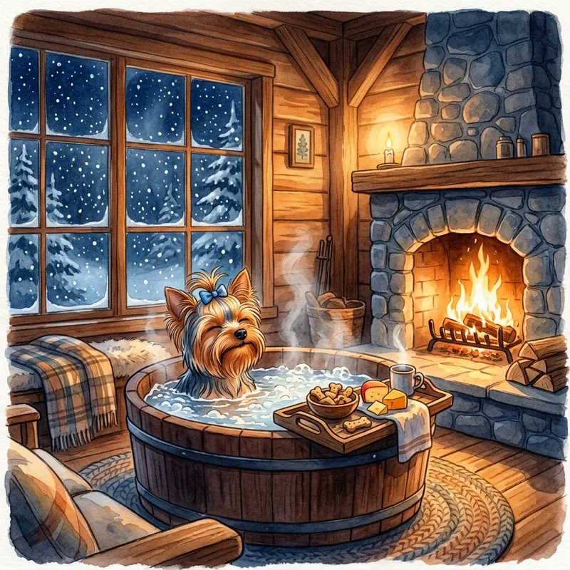 Storybook Yorkie in Snowy Cabin - The Cozy Cabin
Starting scene: A warm wooden cabin interior during a snowstorm, fireplace crackling, big window showing falling snow outside.
A yorkie pooch is in a hot tub relaxing. Dog biscuits / cheese on a tray. Look of complete relaxation on her face.
Art style: Storybook watercolor illustration
Required effect: Soft glowing light bloom radiating from the fireplace, warm amber tones bleeding into cool blue shadows
- AI image generated with Nano Banana 2