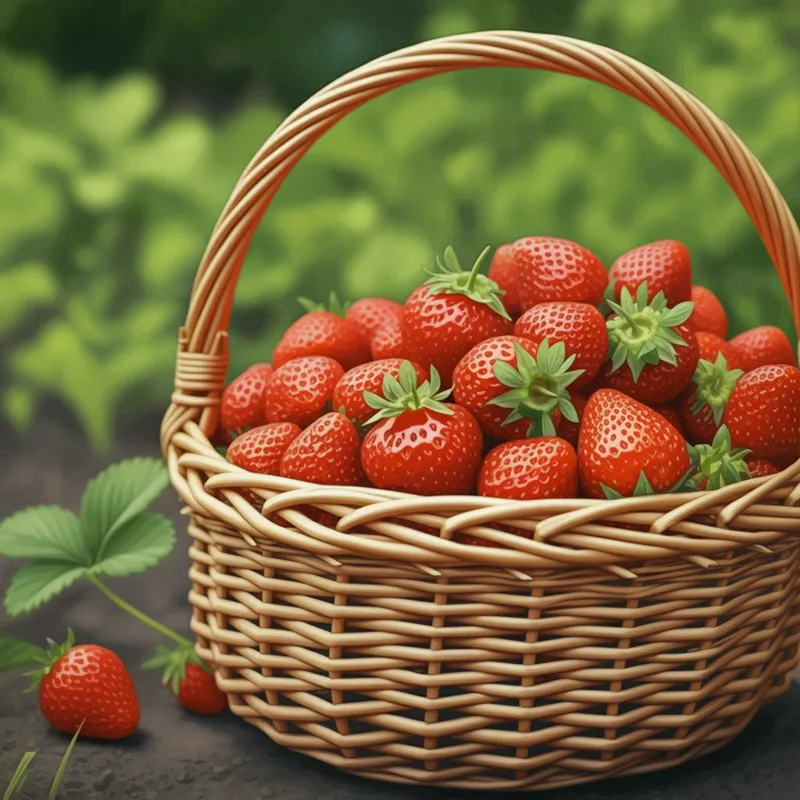 Strawberry Harvest Basket - A close-up of a wicker basket overflowing with freshly picked strawberries, with a few stray berries scattered around it. The basket is set in a lush garden with green plants in the background. - AI image generated with Imagen 3 - doodle, cartoony