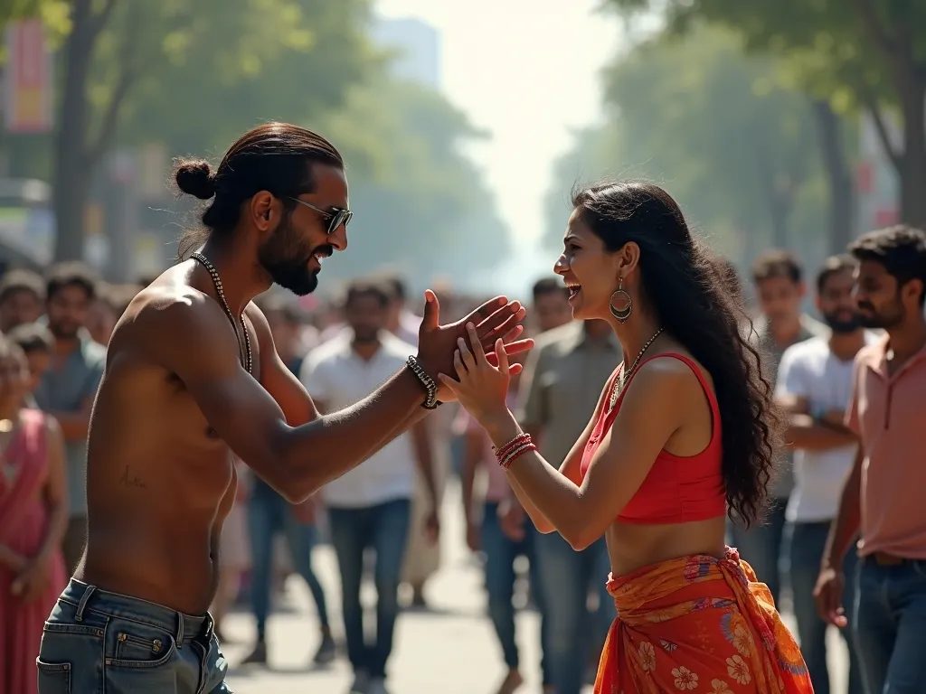 Street Drama - A scene depicting an intense argument between an Indian man and woman on a city street, with a crowd of onlookers in the background reacting to the commotion. - AI image generated with Photorealistic 2