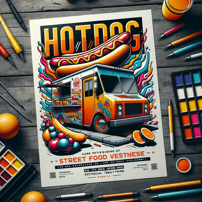 Street Food Hotdogs - An urban-themed flyer for a hotdog business with a street food vibe. Shows hotdogs being prepared and served from a food truck, with graffiti and funky fonts. The color scheme includes vivid and dynamic colors to attract a young, urban crowd. - AI image generated with Art