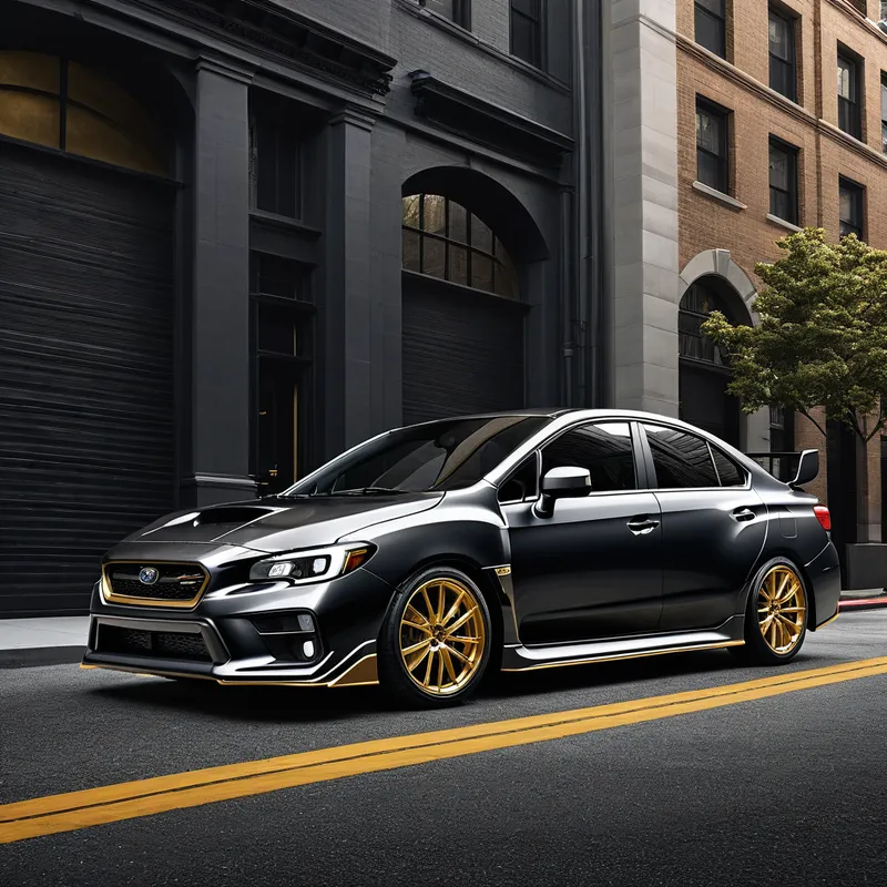 Street Titan - A vectorized image capturing the essence of a 2018 WRX in dark gray with luxurious gold wheels and a shiny carbon hood scoop, positioned low to the ground, exuding power and dominance on the streets. - AI image generated with Photorealistic