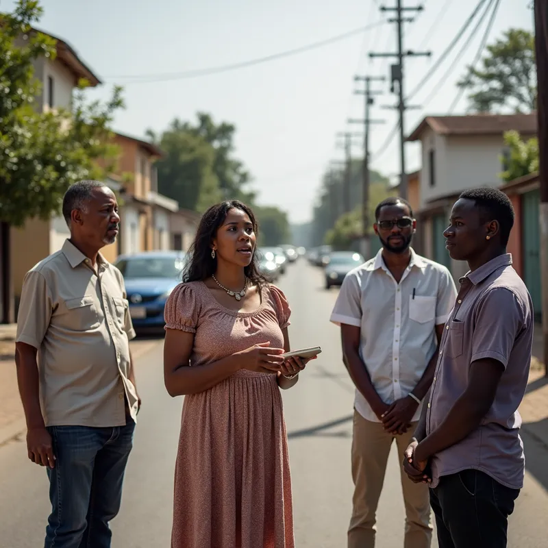 Streetside Sermon - A serene street scene where a woman in a modest, knee-length dress is seen preaching. Three men and two women are gathered around her, absorbed in her words. The absence of jewelry and makeup on the preacher adds to the solemnity and sincerity of the scene. - AI image generated with Text