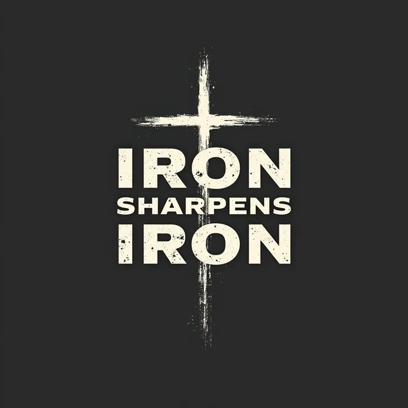 Strength and Spirituality Shirt Design - A minimalistic shirt design featuring the phrase 'Iron Sharpens Iron' prominently displayed, with a delicate outline of a cross in the background. The cross is larger and serves as a subtle backdrop to the text, merging themes of strength and spirituality. - AI image generated with Photorealistic 2