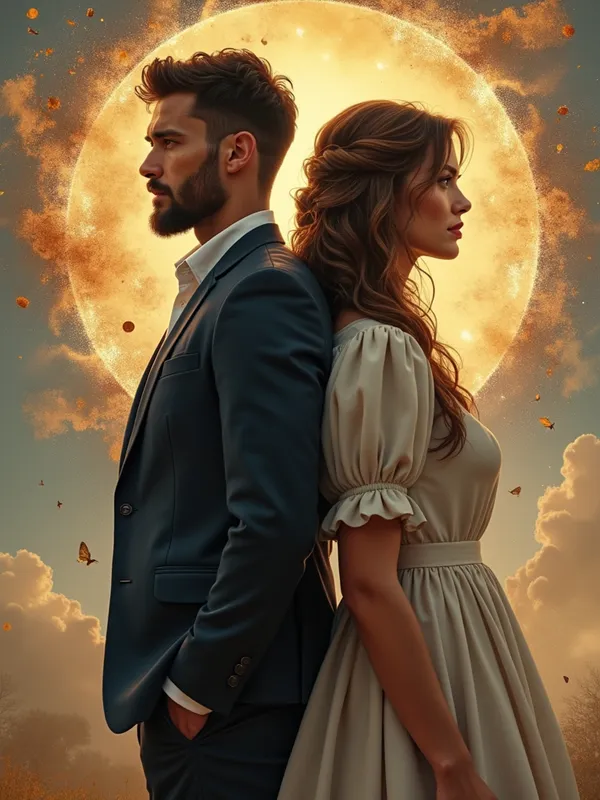 Strength in Unity - A husband and wife standing back-to-back, their expressions showing determination and mutual support. The background consists of symbolic elements representing their journey and the sacrifices they've made for one another, creating a powerful testament to their unbreakable bond. - AI image generated with Photorealistic 2