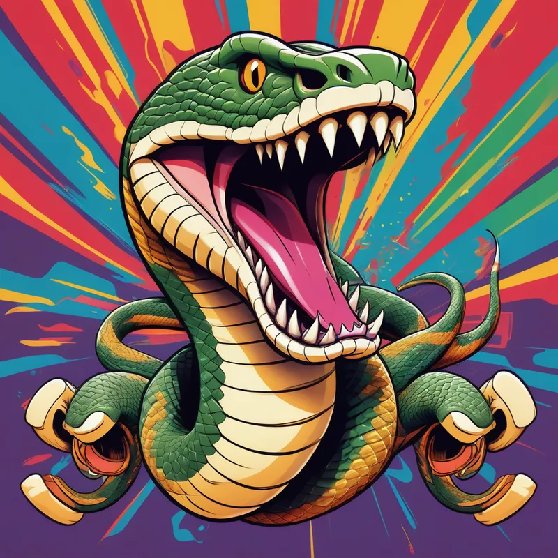 Strike With Gunfingers - An imaginative, cartoon-like image of a snake in mid-leap, jaws wide, but instead of fangs, the snake reveals two hand-shaped gun fingers, set against a pop-art inspired, colorful background. - AI image generated with Stable Diffusion XL - typography drawing, master shot