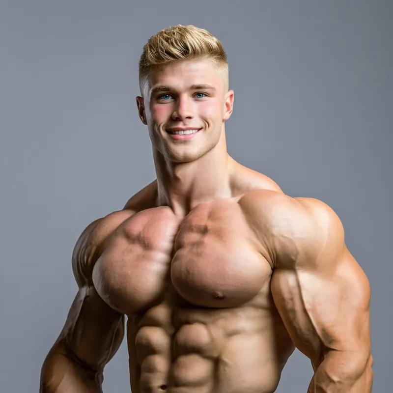 Striking Superheavyweight Bodybuilder - Ultra-realistic studio photograph, 6′3″ 300-lb male superheavyweight bodybuilder, strikingly good-looking, chiseled jawline, short golden-blond hair swept back, piercing blue eyes, confident half-smile. Lighting: dramatic three-point setup—bright key light from camera left, soft fill, crisp rim light outlining massive delts and traps. Physique details: extreme vascularity snaking across granite-hard 23-inch biceps, forearms like braided steel cables, deeply striated chest and eight-pack abs; pumped, dry condition with light oil for sheen. Skin tone sun-kissed but natural. Wardrobe & pose: minimal—black micro-posing trunks; relaxed front three-quarter stance with one arm casually flexed, hand resting on hip, other hand running through hair; wide V-taper and flared lats on full display. Backdrop: matte charcoal gray gradient; subtle floor reflection for depth; faint mist for atmosphere. Camera: medium shot, low ¾ angle; f/2.8 for shallow depth-of-field; 85 mm lens equivalent. Style tags: ultra-high-definition 8K, photographic realism, cinematic contrast, razor-sharp detail, magazine cover aesthetic, bold, powerful, inspirational. - photorealistic