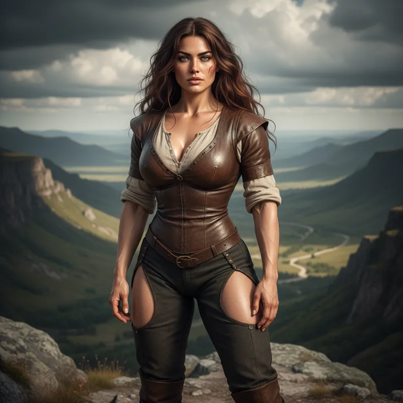 Strikingly Strong Elena Moravec - Elena Moravec, a woman in her early 30s with a voluptuous yet powerful hourglass physique. She stands 5’8”, broad-shouldered with a defined waist, full bust in a natural low-set teardrop shape, wide hips, and thick, muscular thighs. Her skin is pale with a subtle olive undertone, luminous but textured with faint freckles across her shoulders and a few small scars — one on her temple, another along her collarbone. Her face is strikingly attractive yet grounded: high cheekbones, a softened strong jawline, full expressive lips with a natural cupid’s bow, and almond-shaped storm-grey eyes flecked with green, framed by thick arched brows. Her chestnut brown hair, with natural auburn glints, is thick and heavy, worn in a loose braid or flowing waves with strands that frame her face. Her arms and forearms are muscular, her hands broad and calloused with short, chipped nails. Every detail rendered in cinematic, photo-realistic texture — skin pores, subtle sweat sheen, fine strands of hair, natural asymmetry, and fabric stretching across her form. - AI image generated with Nano Banana