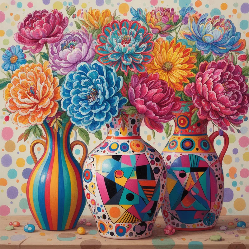 Striped Vase Blossom Symphony - An imaginative still life of colorful, highly stylized flowers blooming from uniquely designed vases covered in bold stripes, dotted patterns, and modern geometric artwork. The petals are detailed, layered, and elaborate, creating a rich ornamental texture. Bright, whimsical, and visually captivating, with a fine-art feel and a playful surreal charm. - AI image generated with Flux 2