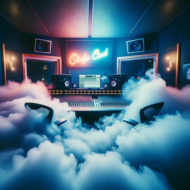 Studio Mist - A recording studio shrouded in thick, curling smoke. The studio is dimly lit, with colorful neon signs and a mixing console looming in the mist. The ambiance is heavy and rich, suggesting both comfort and creativity. - AI image generated with Art