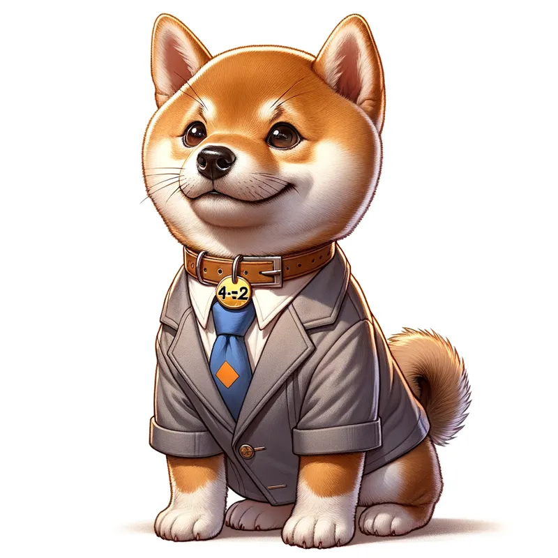 Studious Shiba in Uppers - A Shiba Inu puppy is standing upright, wearing clothes like a human. It has a collar with a "4-2" decoration. Its personality is energetic and good at studying. - AI image generated with Art