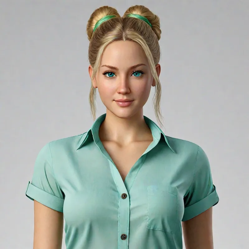 Stunning Blonde AI Avatar - Please generate a hyper-detailed and hyper-realistic image for an AI avatar for model training. Image specifications: female in her 20's, petite, long blonde hair tied up in a messy bun, wearing a short-sleeved seafoam green button-up blouse. Her face is incredibly beautiful, with bright blue eyes, a perfect adorable nose, a perfect mouth and perfect straight teeth. She is wearing a white pearl necklace with matching pearl stud earrings. Head shot. 8k - AI image generated with Photorealistic