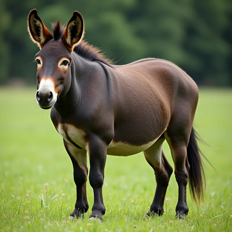 Sturdy Mule-Pig Hybrid - A livestock animal that combines the muscular strength and endurance of a mule with the stocky, stout body of a pig. This hybrid animal features gentle eyes, longish coarse hair along its back and flanks, a donkey's tail, and a pig's snout. The creature stands in a green pasture, displaying both power and calmness. - AI image generated with Photorealistic 2