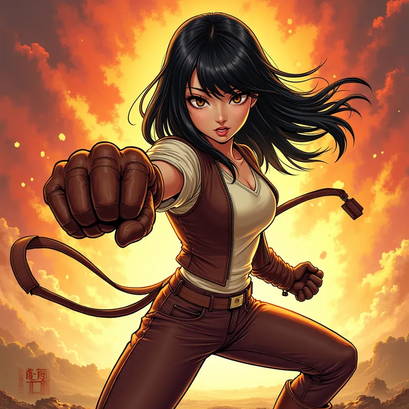 Stylish Fighter in Action - A striking Asian girl with lustrous straight hair, dressed in a fashionable vest and stiff, bright brown leather gloves, pants, and boots. Against a vivid, highly stylized manga setting, she stands before the viewer in a martial arts guard pose, brilliantly colored, her arm in motion as she punches towards the audience. - AI image generated with Photorealistic 2