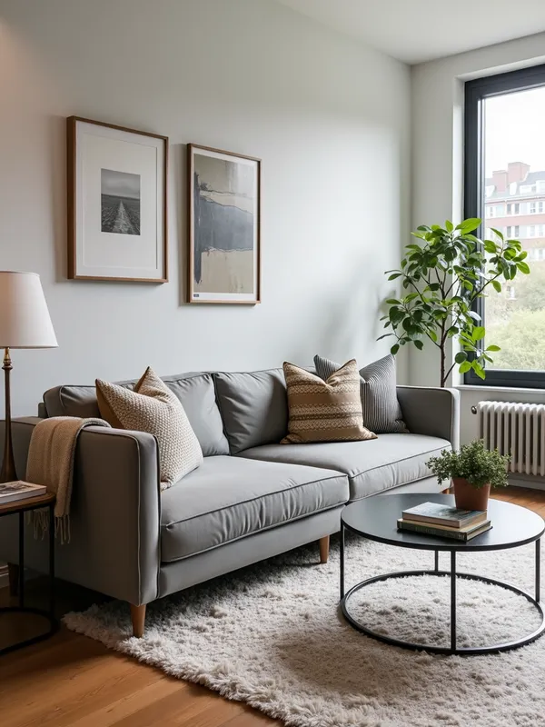 Stylish Grey Sofa Living Room - A modern and stylish living room featuring a sleek grey sofa as the centerpiece. The decor includes a mix of minimalist and contemporary elements, such as a glass coffee table, tasteful artwork on the walls, patterned throw pillows, and a cozy area rug. Accents of metallics and greenery add a touch of elegance and freshness to the space. The overall ambiance is sophisticated and inviting, perfect for a chic urban apartment. - AI image generated with Photorealistic 2