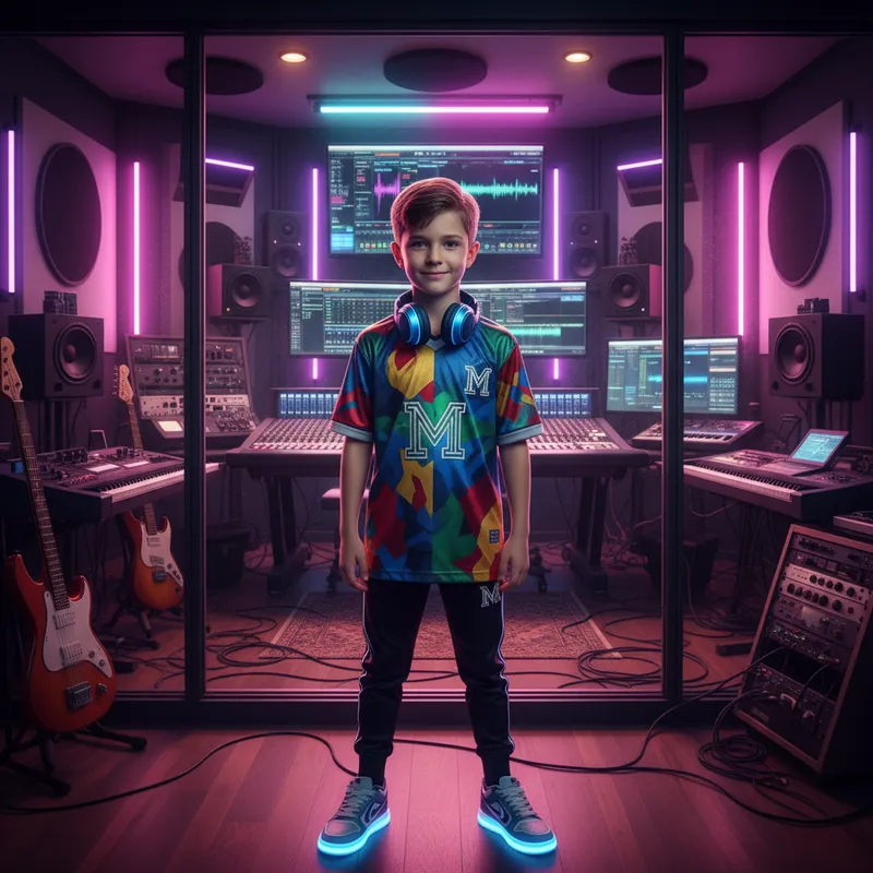 Stylish Youth in Creative Studio - Front-facing image of a boy in a luxurious, colorful jersey, set in front of a large, professionally equipped music studio filled with musical instruments, digital interfaces, and colorful light effects. - AI image generated with Nano Banana