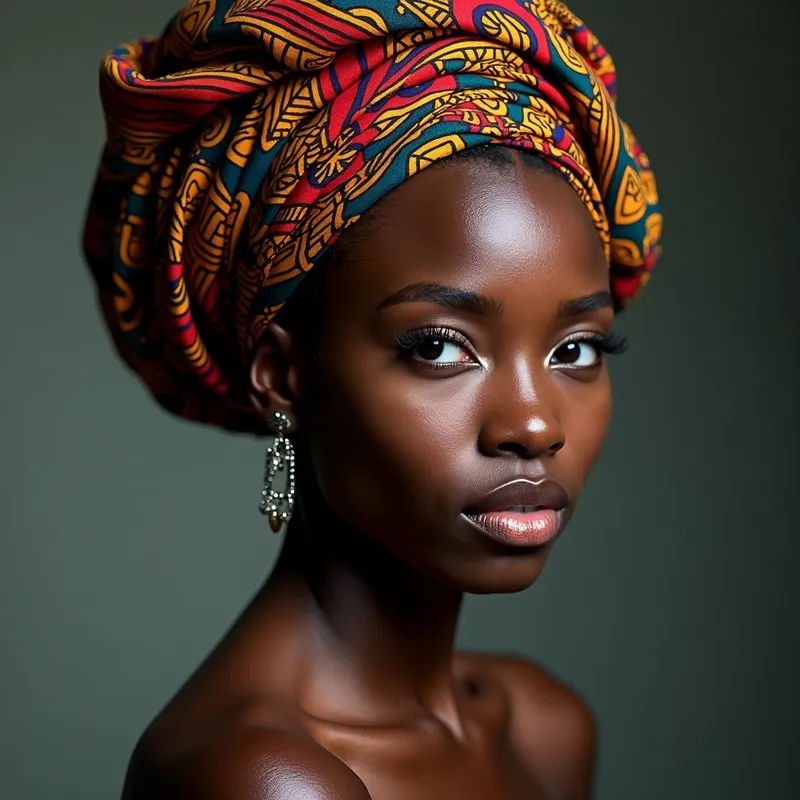 Stylized Grace - A photographic-style artistic portrait of a dark-skinned woman with deeply stylized features. She wears a vibrant, colorful head wrap with a striking and intricate design. - AI image generated with Photorealistic 2