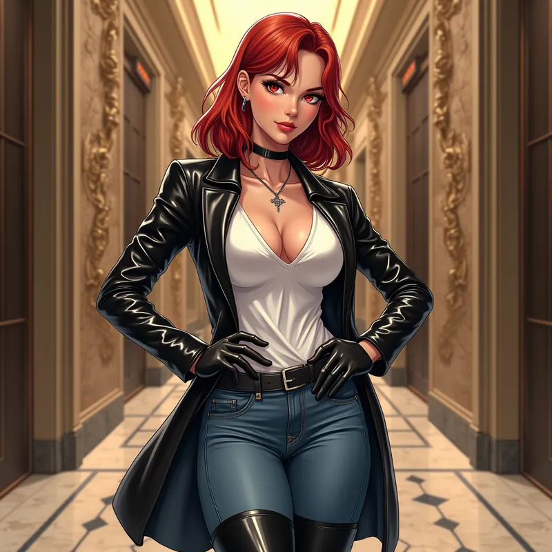 Sublime Femme Fatale Manga - A gorgeous red-haired woman with shoulder-length hair and a lock on her forehead, dressed in a reflective black leather coat, deep-cut white tee, stiff wide black leather gloves, low-cut jeans, and tall glossy equestrian boots. She poses in a luxurious building lobby, bending forward with a flirty, loving red-eyed gaze, hands on hips. Rendered in detailed, colored manga style with careful use of light and shadow for depth. - AI image generated with Photorealistic 2