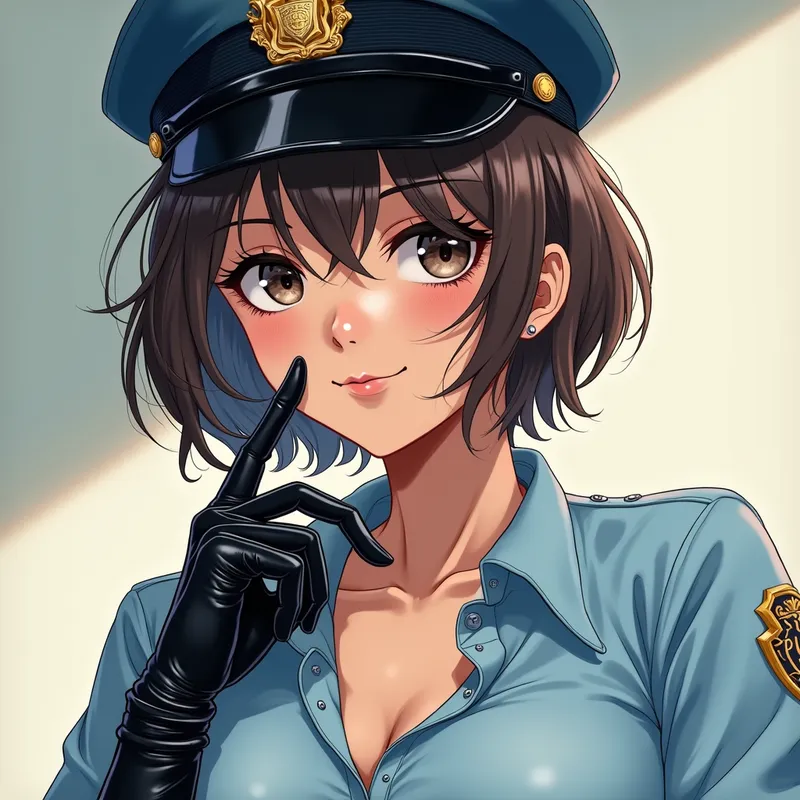 Sublime Police Officer Manga Portrait - A captivating manga-style illustration of a magnificent young policewoman with stunning, expressive eyes and short hair. She wears a classic police kepi and a light blue police t-shirt with a plunging neckline, accentuating her generous curves. Completing her look are shiny black leather gloves and matching equestrian boots. She gazes directly with an intense look and a shy smile, set in an artistic scene of color, shadow, and light. - AI image generated with Photorealistic 2
