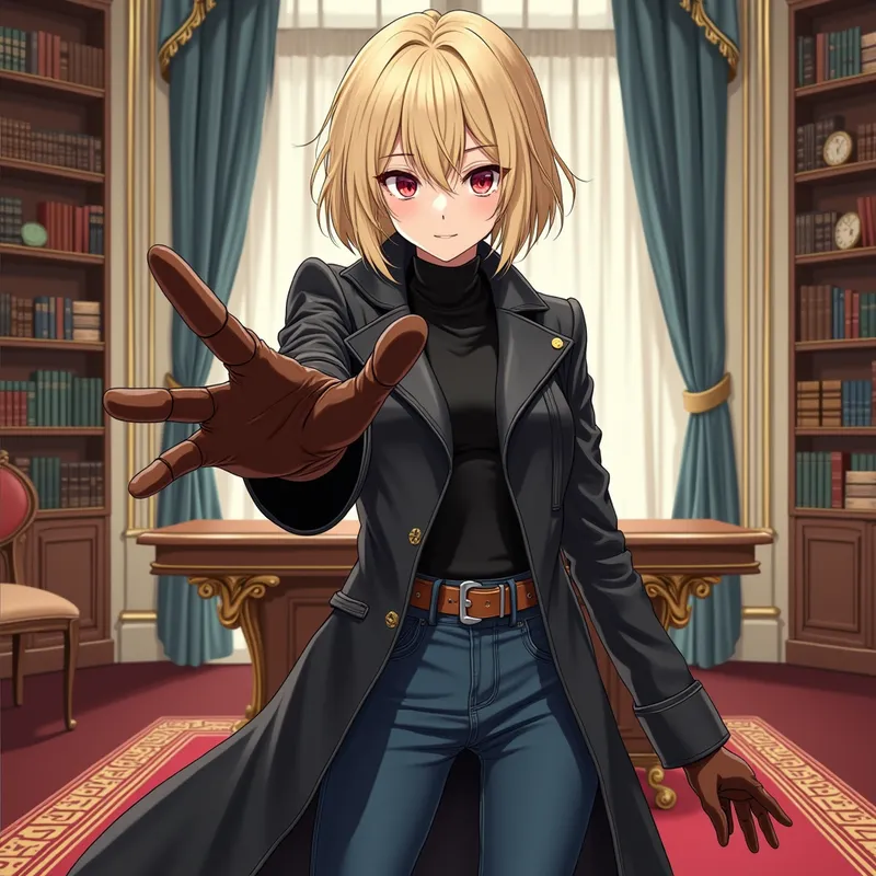 Sublime Red-Eyed Girl - A stunning Asian girl with pale white skin, short blond hair with stylish bangs over her eyes, and striking red eyes. She wears a black leather coat and long, smooth brown leather gloves, paired with a dark blue skinny jean and mid-calf shiny straight brown equestrian boots. She stands in a magnificent office, directly facing the viewer, about to slap the camera in a vibrant, detailed, colorful manga style. - AI image generated with Photorealistic 2